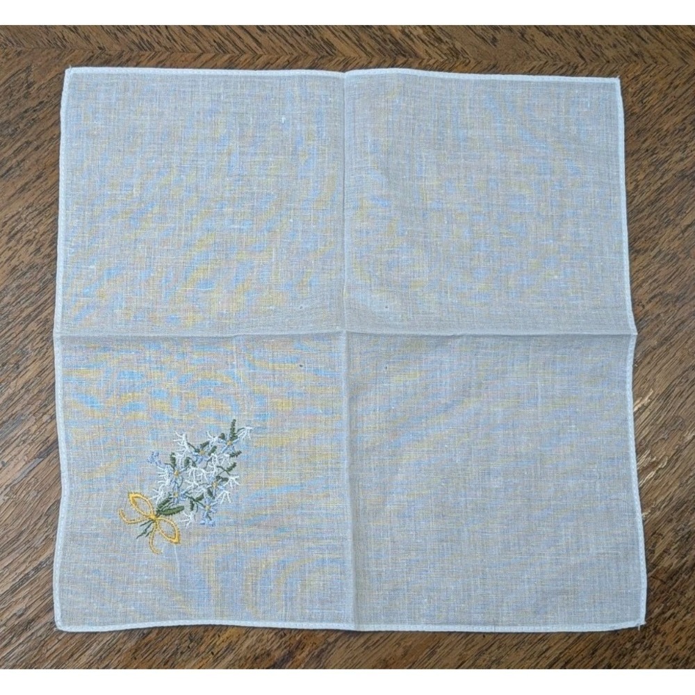 Hand Embroidered White Cotton Handkerchief Blue Flowers - Set Of 4 - - Picture 10 of 10